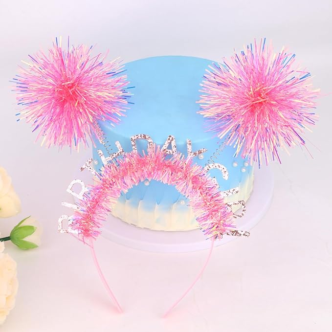 CIEHER Birtday Girl Crown Birthday Headband for Women Girls Bday Party Decorations - Pink Ball