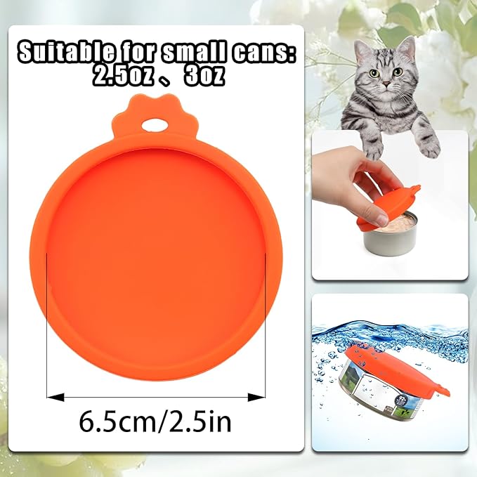 PINE & LINEN 4 Pcs 2.5inch Durable Pet Can Lids,Silicone Small Pet Can Covers Waterproof Cat Food Cans Lids for 3 oz Cat Food Cans（Orange）