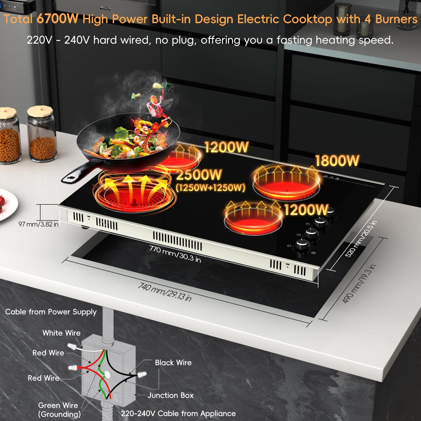 Zarbaco Electric Cooktop 30 inch 4 Burner, 6700W Built-in Radiant Electric Stove Top with Knob Control, Electric Ceramic Stove Cooktop with 11 Level Power Adjustable, 220-240V, Hard Wire