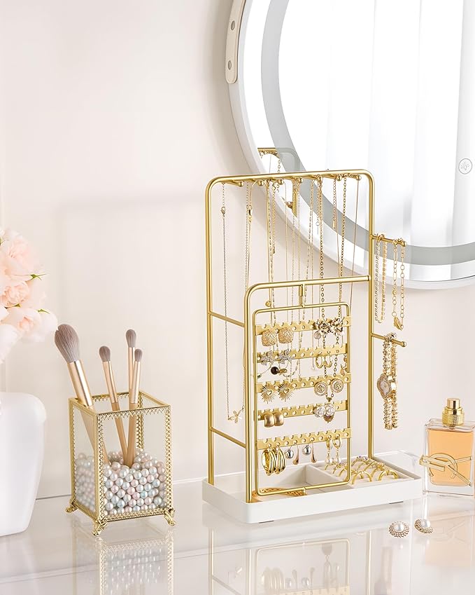 ProCase Jewelry Stand Holder Organizer, Jewelry Display Storage with Ring Tray, No-Assembly, Rotating Earring Bracelet Necklace Holder,Valentine's Gifts Room Dorm Decor for Teen Girls -Gold