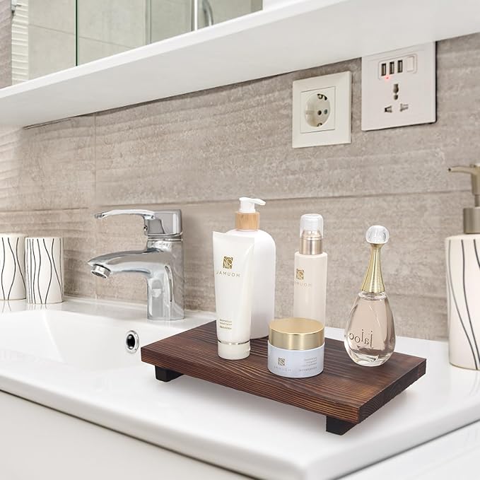 Farmhouse Wooden Bathroom Tray Small Kitchen Countertop Trays Decorative Wood Riser Pedestal Stand Dish Soap Dispenser Holder for Kitchen Counter Bathroom Sink Organizer Accessories Decor Vanity Tray