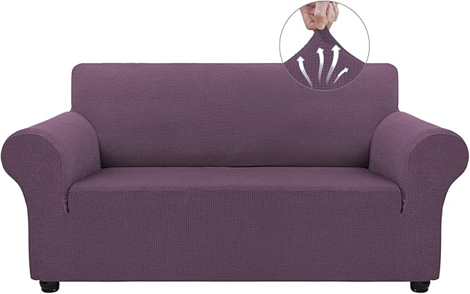 Asnomy Sofa Covers for 2 Cushion Couch Stretch loveseat Covers Slipcovers, Pet Protector Furniture Covers for Dogs Cats Spandex Jacquard Fabric Small Checks （Medium，Gray Purple）