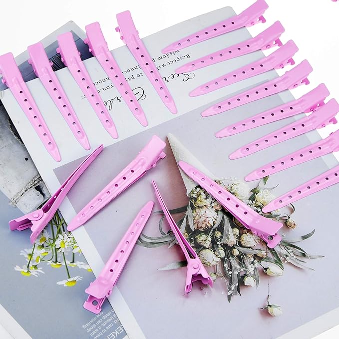24 Packs Duck Bill Clips, Bantoye 2.75 Inches Rustproof Metal Alligator Curl Clips with Holes for Hair Styling, Hair Coloring, Pink