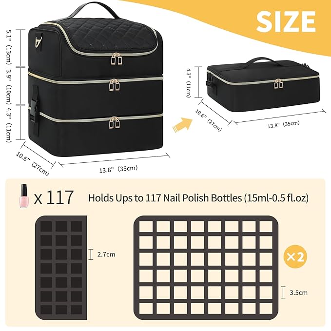 CUBETASTIC Portable Nail Polish Organizer Case Holds 117 Bottles - 3-Layer Nail Tech Kit with Storage Bag & Shoulder Strap, Extra Large Nail Supplies Travel Carrying Box
