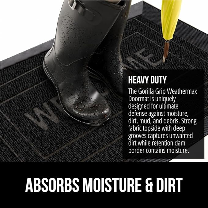 GORILLA GRIP 100% Waterproof All-Season WeatherMAX Doormat, US Designed Natural Rubber, Stain and Fade Resistant, Low Profile Indoor Outdoor Door Mats, Easy Clean Patio Mat, 17x29, Black Welcome