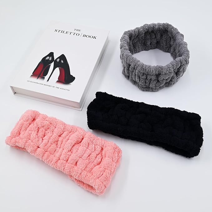 Microfiber Spa Headband 3-Pack, Soft Terry Cloth Headband for Washing Face, Facial Mask, Makeup, Shower, Yoga, Gift for Women and Teens (Black+Gray+Pink)