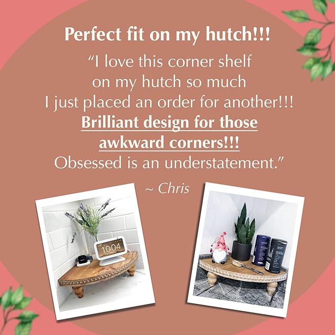 Farmhouse Corner Shelf Stand [with Removable Feet] - Bathroom Countertop Organizer, Decorative Tray Riser, Beaded Wooden Tray, Corner Tray Plant Stand, Coffee Bar Organizer for Kitchen Countertop