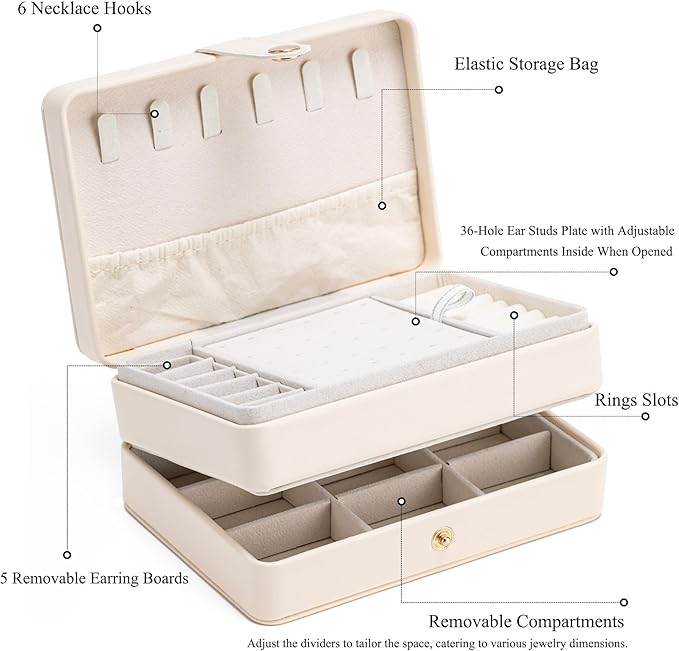 MODENGKONGJIAN Jewelry Organizer Box, 2-Layer Large Jewelry Storage Case, Portable Travel Jewelrys Display Holder for Earrings, Necklaces, Bracelets (Beige, PU Leather)