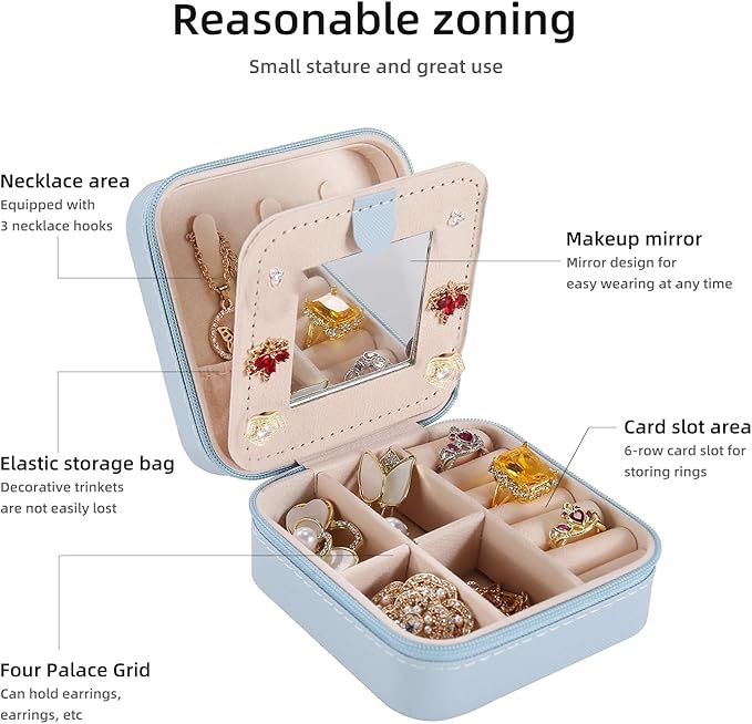 KElofoN Travel jewelry case Travel jewelry box Travel Jewelry Organizer Small Jewelry Organizer Box Gift for Girls Women with Mirror(Sky blue)