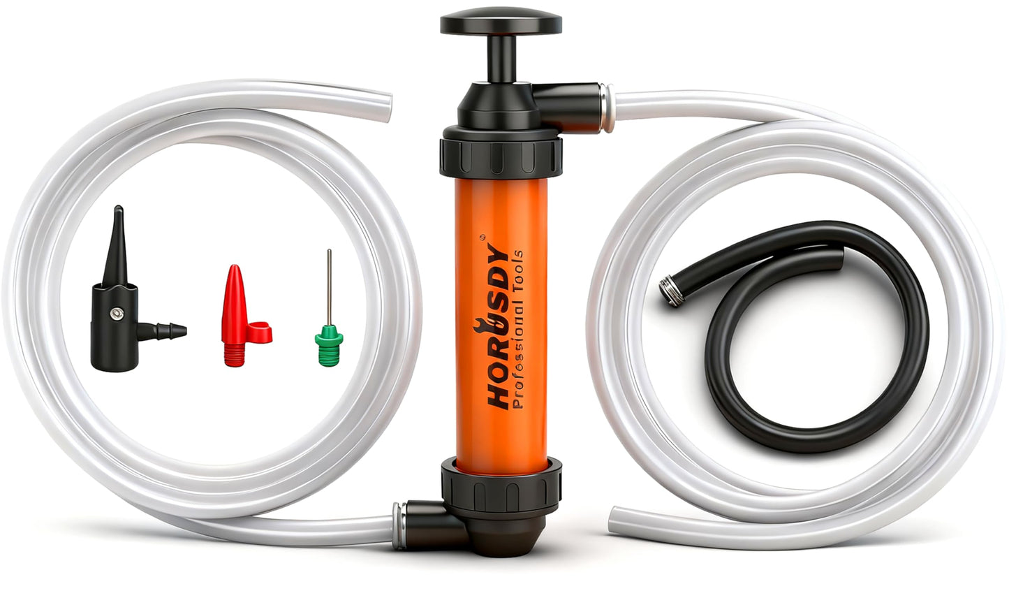 HORUSDY Multi-Use Siphon Transfer Pump Kit Hand Fuel Pumps for Gas Oil Water with Air Hose, Portable Manual Fuel Transfer Pump for Boat, Car, RV, Emergency, Lawn Mower Fluid Drainage