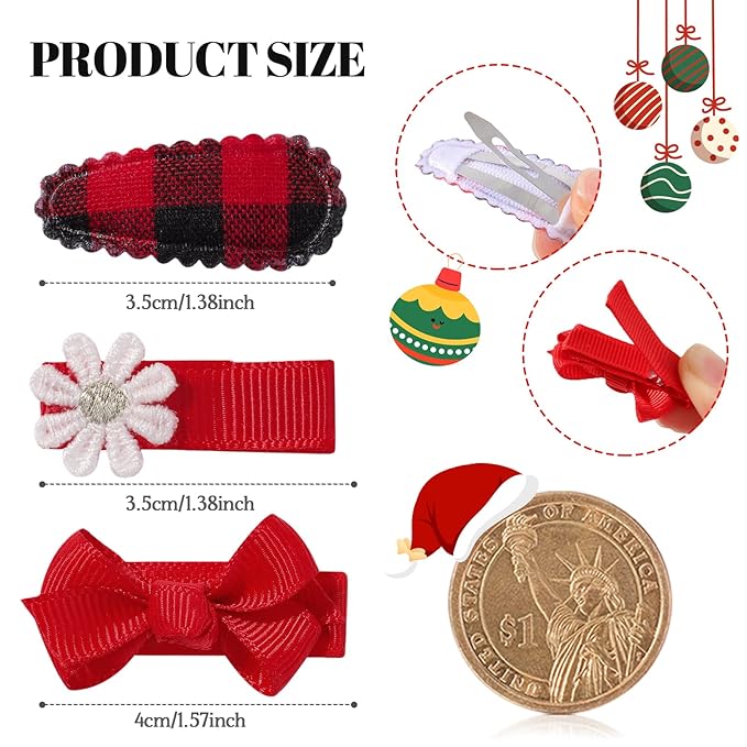 20PCS Christmas Toddler Hair Clips, Red & Green Hair Bows, Non-Slip Snap Barrettes & Daisy Ribbon Alligator Clips for Baby, Toddler & Girls