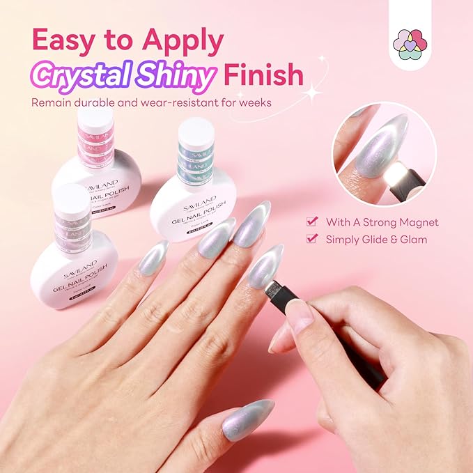 SAVILAND Color Artistry Cat Eye Gel Nail Polish: 6 Colors Crystal Shiny Magnetic Gel Nail Aurora Pink Blue Purple Shimmer Cateye Nail Polish Set Ma