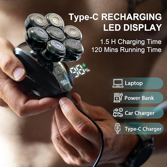 Cyruzi Head Shavers for Bald Men: 7D Floating Electric Razor with Magnetic Removable Head, IPX7 Waterproof Wet or Dry Shaver, LED Display & Type-C Fast Charging