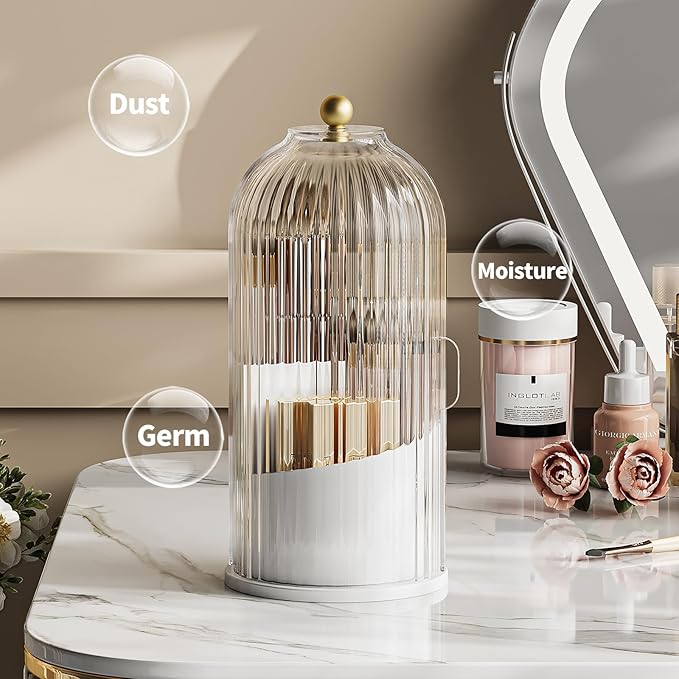 Dustproof Toothbrush Holder with Lid, 360 Rotating Countertop Electric Toothbrush Toothpaste Holders with Cover for Bathroom, 3 Slots Makeup Brush Holder with Lid for Vanity, Clear Grey