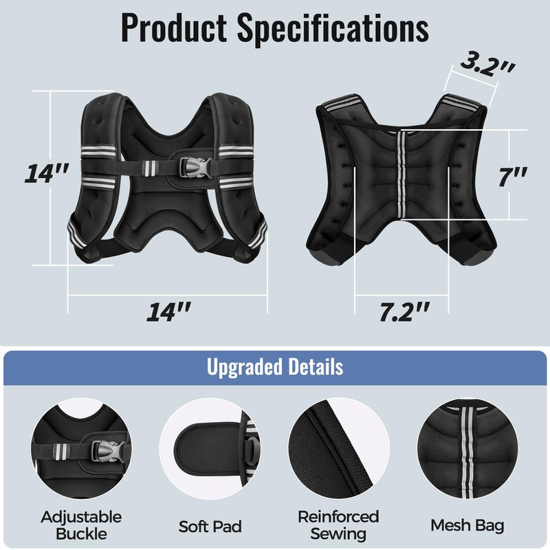 Zeerun Weighted Vest, 6lb/8lb/10lb/12lb/15lb/18lb/20lb/24lb/30lb for Men Women, Reflective Stripe Adjustable Buckle, Comfortable Durable Rucking Vest for Walking Running Strength Training, 10LBS-Black