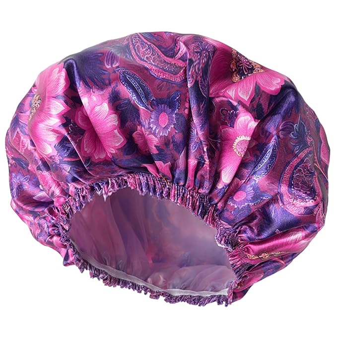 4 PCS Shower Cap for Women, Elastic and Reusable Bath Caps, Double Layers Shower Caps Reusable Waterproof, Bathing Shower Caps, Environmental Bath Hair Protection Cap - Printing Flower D