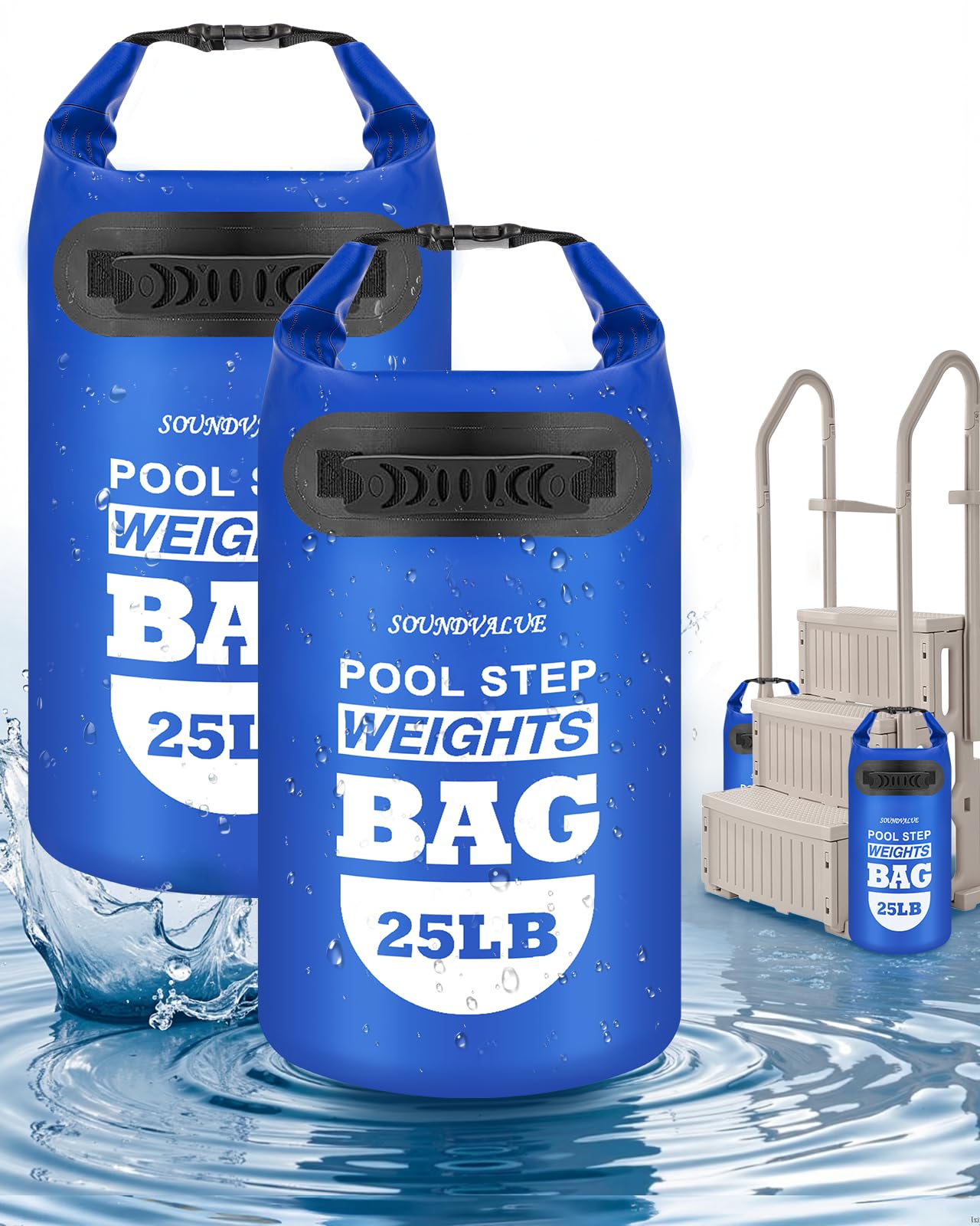 2 Pack 25lb Heavy Duty Pool Ladder Weights, Universal Above Ground Pool Step Sand Bags with Handles, 500D PVC Durable Waterproof & Foldable Sandbags for Swimming Pool Stairs (Navy Blue)