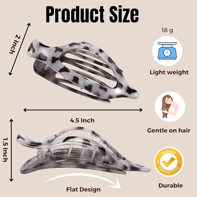8 Pack Flat Tortoiseshell Hair Clips – French Style Matte Claw Barrettes for Women, Strong Hold Non-Slip Hair Accessories for Thick or Thin Hair, Chic Neutral Leopard Pattern