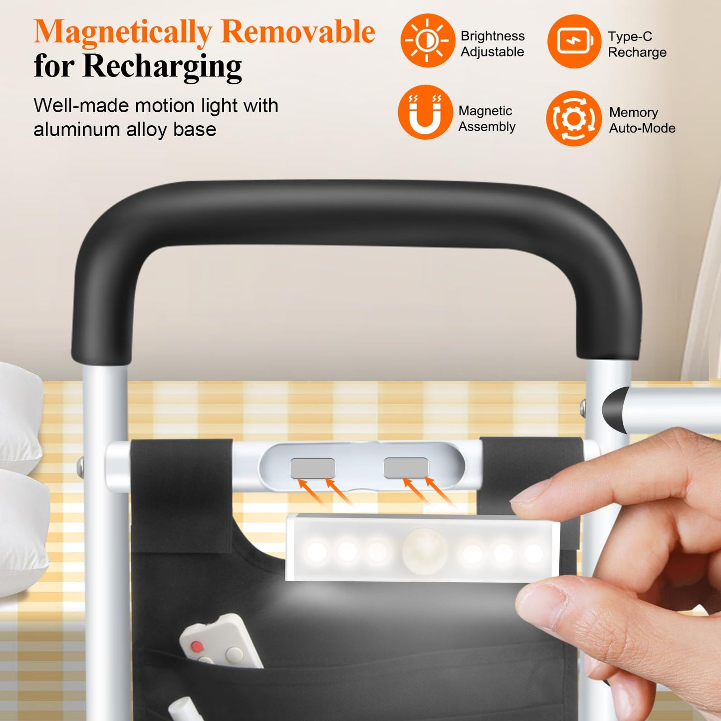 Bed Rails for Elderly Adults Safety, Adjustable Height Bed Guard Rails with Night Motion Light for Seniors, Carbon Steel Bed Assist Rails for Queen King Size Bed (Patent Pending)