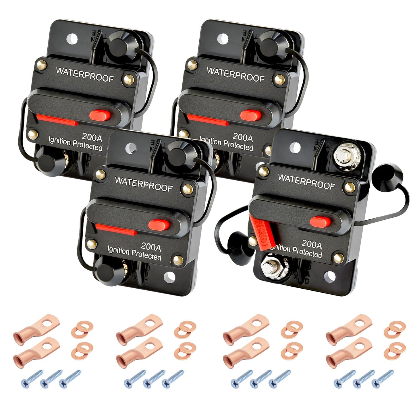Bolipoeq 200Amp Circuit Breaker DC 12V-48V for Marine Boat Trolling Motor Automotive RV Trailer Car Solar System Battery Disconnect with Manual Reset Switch, IP67 Waterproof (Pack of 4)