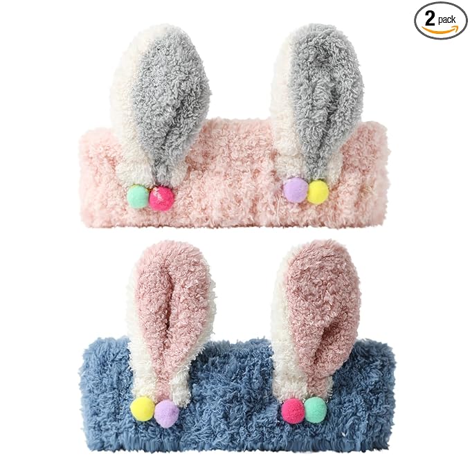 PERFECTSIGHT Kawaii Headband for Spa, Makeup, Washing Face, Party - 2 Pack Cute Hair Band for Shower Beauty Skincare, Soft Facial Headbands for Girls and Women (Pink+Blue Rabbit Ear)