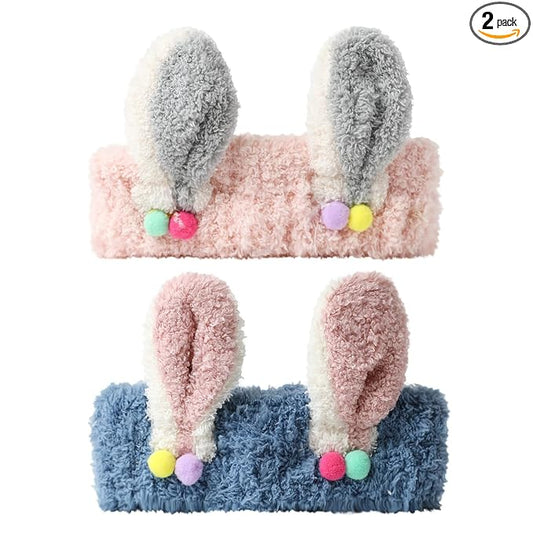 PERFECTSIGHT Kawaii Headband for Spa, Makeup, Washing Face, Party - 2 Pack Cute Hair Band for Shower Beauty Skincare, Soft Facial Headbands for Girls and Women (Pink+Blue Rabbit Ear)