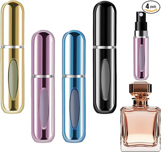 opasyo 4 Pcs Mini Refillable Perfume Portable Atomizer Bottle, 5ml Bottom-Fill Perfume Spray Scent Dispenser, Leak-Proof Travel Pump for Cologne, Aftershave & Purse (Gold/Pink/Blue/Black/)