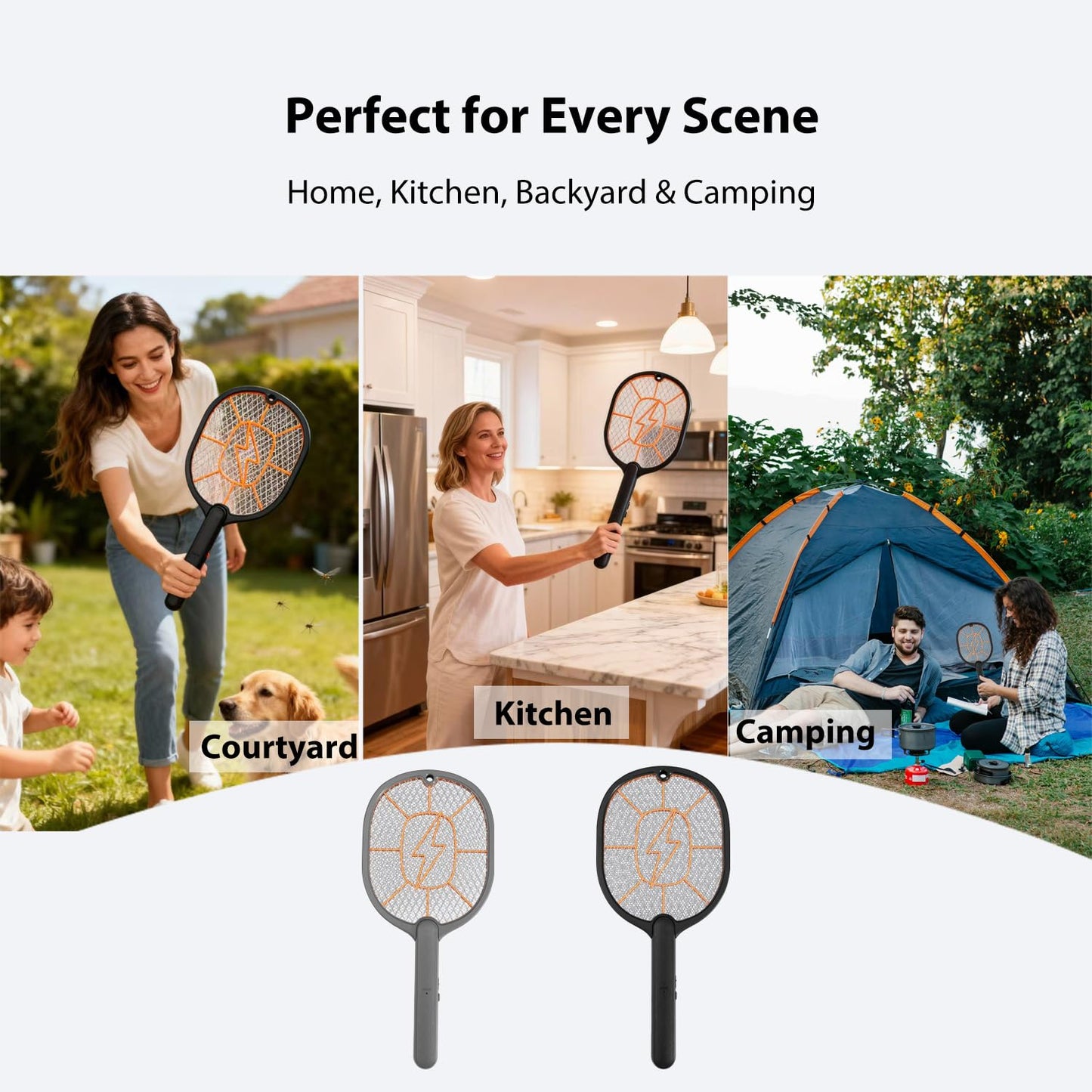 2-Pack Electric Fly Swatter – Battery Powered Mosquito & Bug Zapper Racket with Safe Mesh & Wall-Mount Design for Indoor and Outdoor Use (Black & Gray)