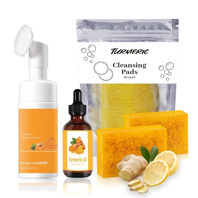 Turmeric Wash and Care Kit – Turmeric Face Wash with Brush, Exfoliating Facial Pads, Turmeric Oil and Cleansing Soap Bars– Jabon de Curcuma, Natural Skincare for Face & Body (4PC Set, Count, 4)