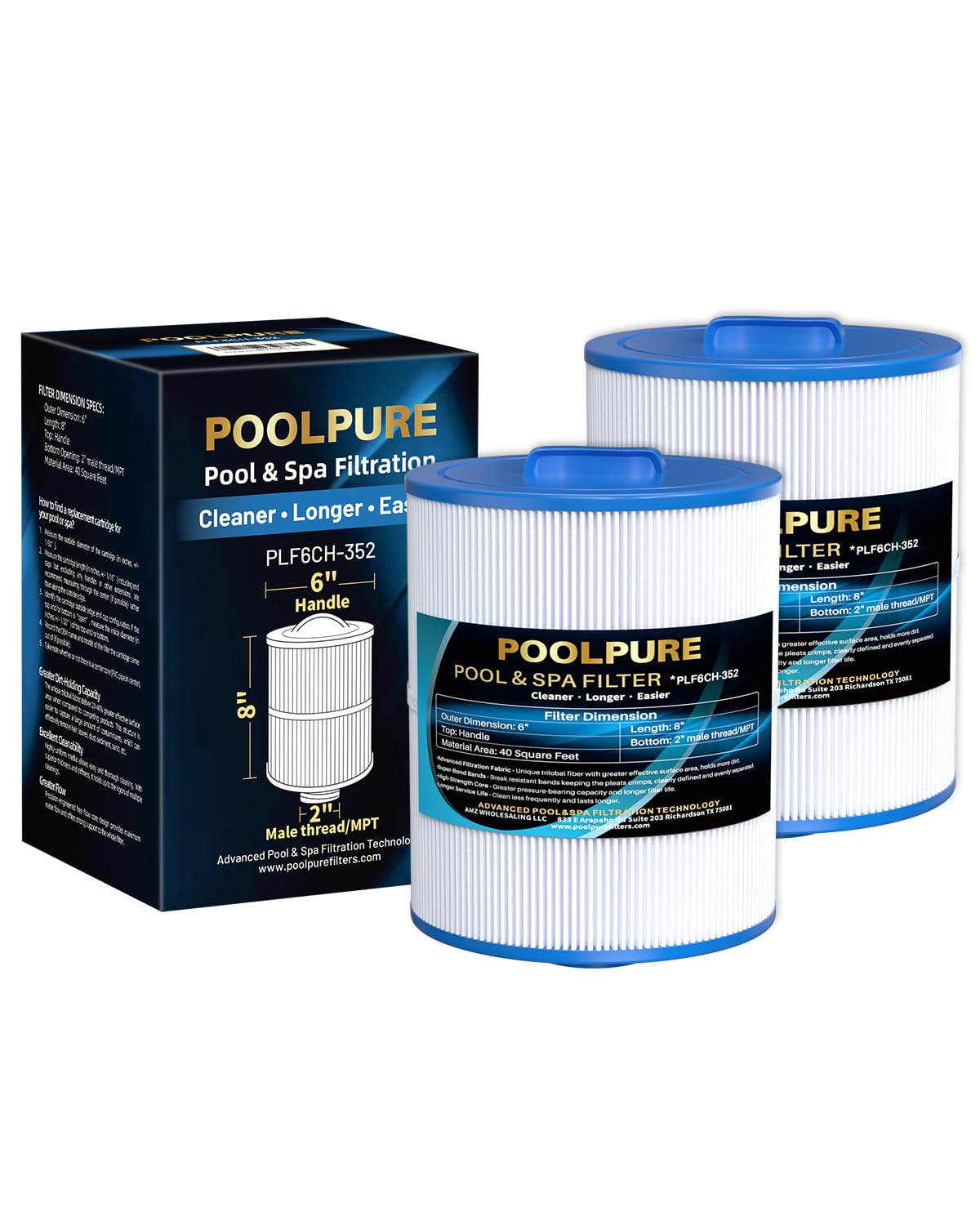 POOLPURE 6CH-352 Hot Tub Filter Replaces Artesian Spas 06-0014-12, Master Spas PMA-R1, X268546, PAS40-F2M, Unicel 6CH-352, Filbur FC-0312, AK-90131, 40 Sq. Ft Spa Filter Cartridge, 2 Pack
