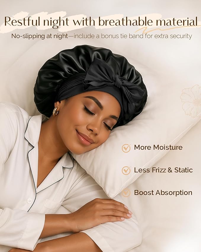 Yanibest Adjustable Satin Bonnet for Sleeping, Double Layer Silk Hair Bonnet with Tie Band for Unisex Women Men Curly Natural