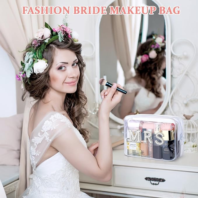 Etercycle MRS Clear Cosmetic Bag, Bachelorette Gifts for Bride Makeup Bag, Portable PVC Travel Toiletry Bag Bling Pearl Rhinestone Patch Letter Bags for Engagement Bachelorette Party Wedding (Silver)