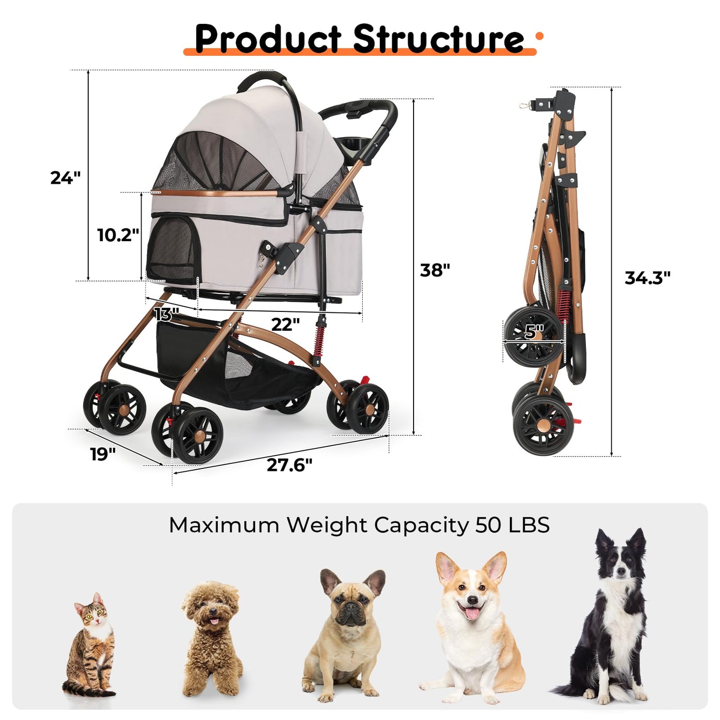 3-in-1 Foldable Pet Stroller for Medium Dogs & Cats up to 50lbs – Detachable Carrier & Car Seat with Storage Basket, 5” Lockable Wheels – All-Terrain Design for Jogging, Walking, and Travel (Grey)