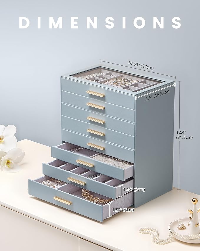 Lolalet Jewelry Box Organizer, 8-Layer Jewelry Organizers and Storage Case with Glass Lid, Ring Earring Bracelet Necklace Holder Organizer, Birthday Valentine Gifts for Women Girls -8Layer, HazeBlue
