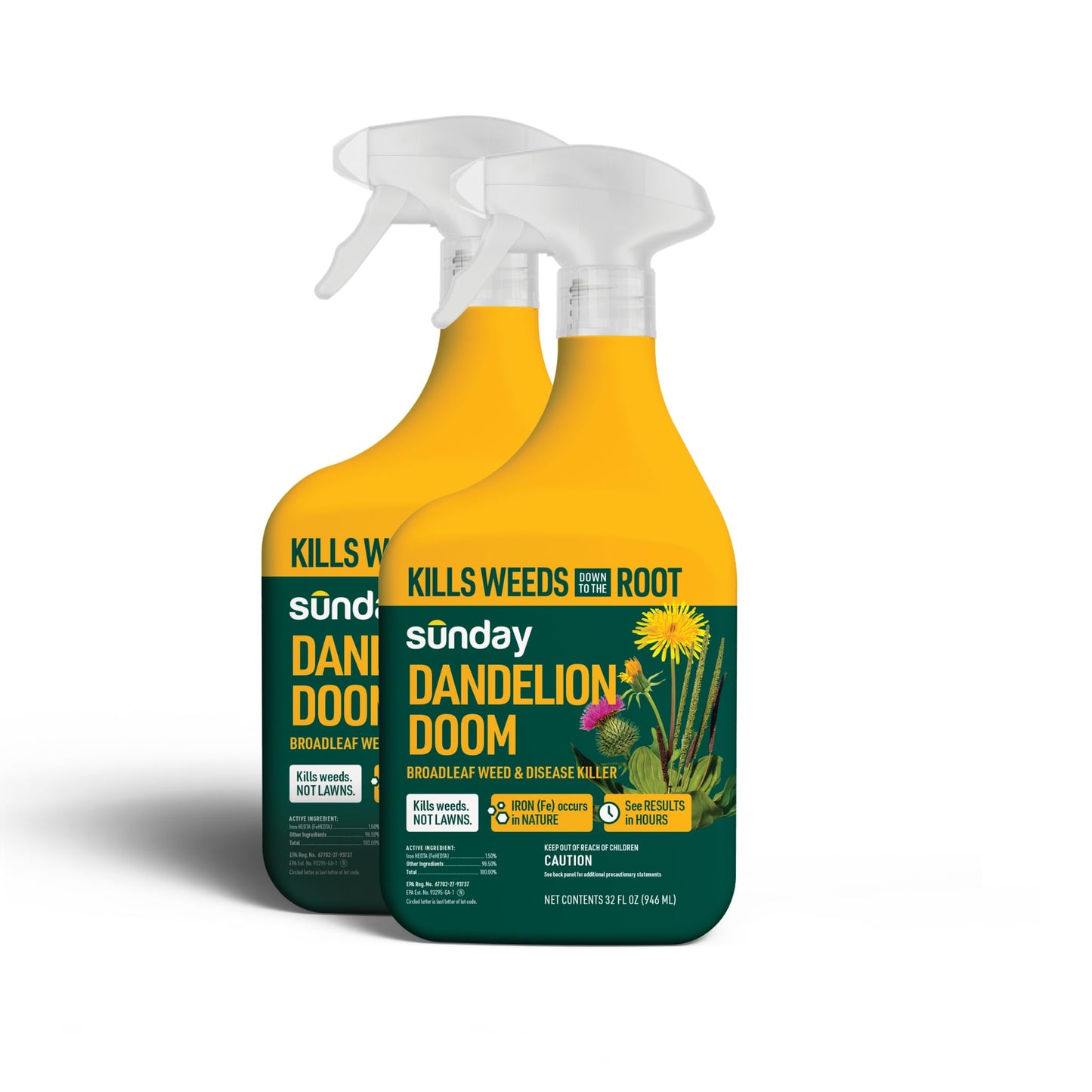 Sunday Dandelion Doom Selective Weed Control - Derived from Iron - Selective Broadleaf Weed Killer Spray - Kills Dandelions, Algae and Moss - 32oz - 2 Pack