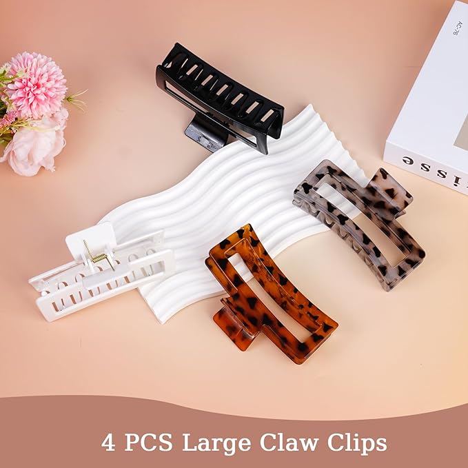 5 Inch XL Jumbo Claw Clips for Thick and Long Hair, 4-Pack Oversized Glossy Leopard Rectangle Hair Clips for Women, Strong Hold Non-Slip Jaw Clips, Dark & Light Leopard