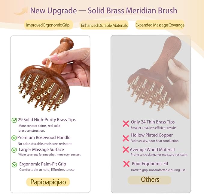 29teeth Copper Head Massage Comb for Body and Scalp Meridian Point Massager Brush for Body and Scalp Relief Body Massage Brush for Cellulite Remover Chinese SPA Gua Sha Tool Wooden Handle 按摩梳, 经络刷