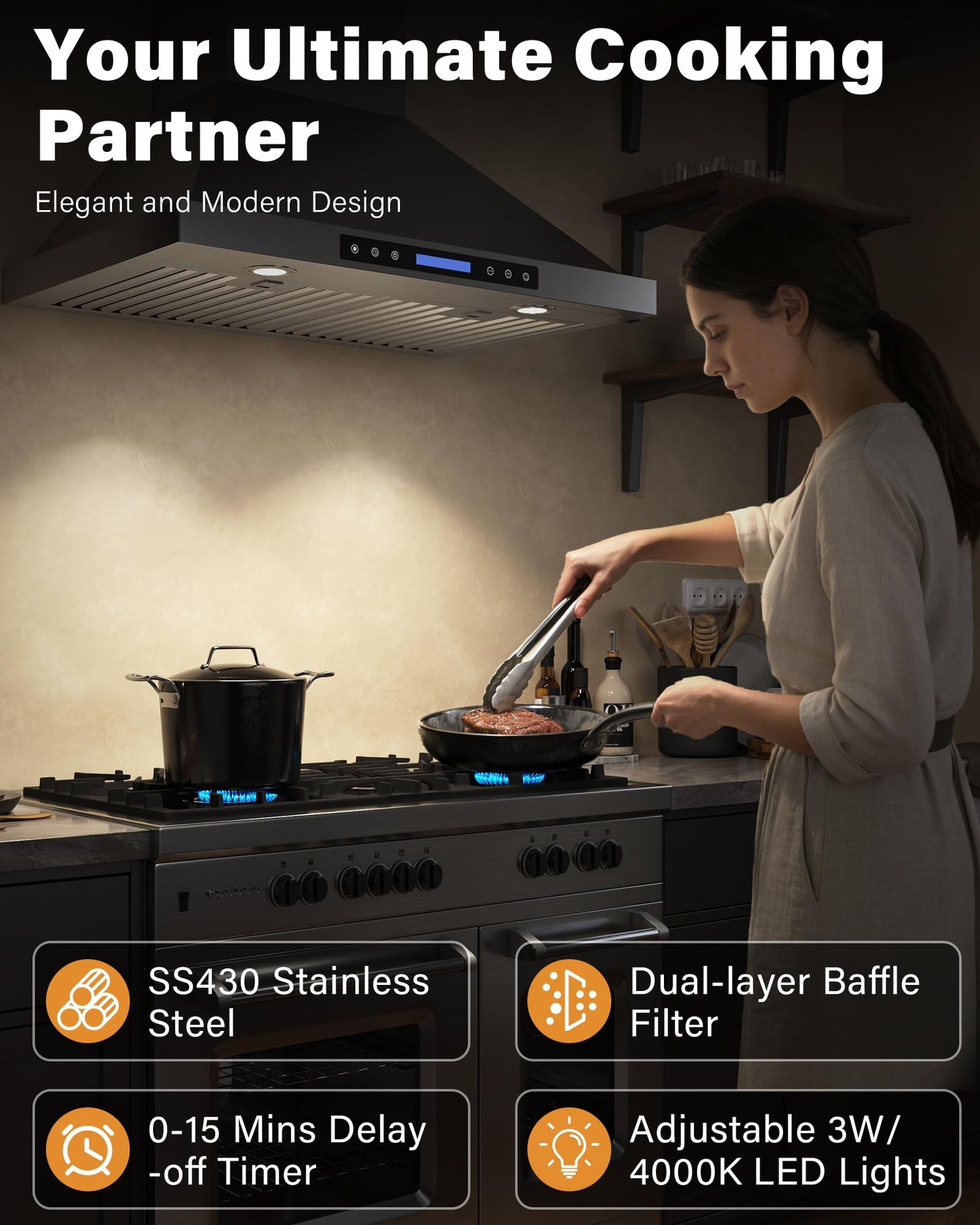 FlyPine 36 inch Stainless Steel Wall Mount Range Hood - 900 CFM, Ultra-Quiet 4-Speed Vent, Touch/Remote Control LCD, LED Lights, Ducted/Ductless Convertible
