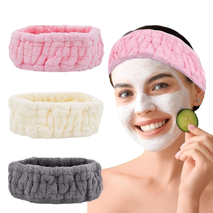 Microfiber Spa Headband 3-Pack, Soft Terry Cloth Headband for Washing Face, Facial Mask, Makeup, Shower, Yoga, Gift for Women and Teens (Gray+Milk White+Pink)