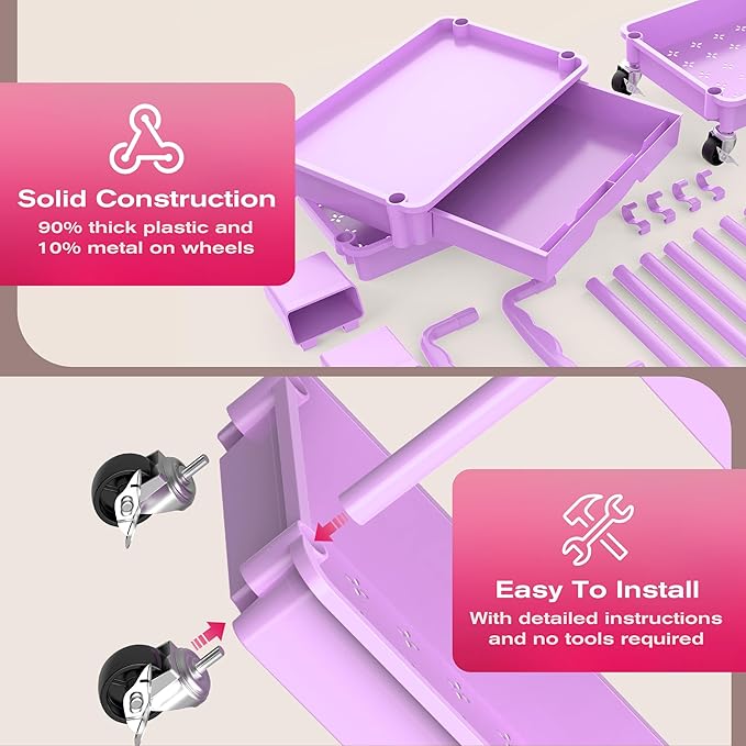 Goovilla Rolling Makeup Organizer Cart with Removable Drawer, 3 Tier Stable Purple Floor Skincare Storage Cart for Vanity, Cosmetic Display, Nail Polish, Perfume, Hair Stuff, Beauty, Bathroom(Plastic)