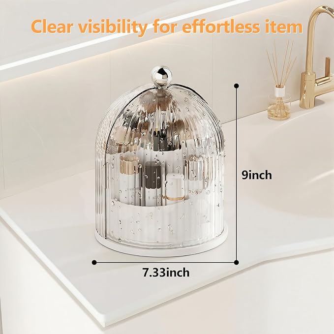 Makeup Brush Holder with Lid, 360ÃÂ° Rotating Cosmetic Organizer for Vanity, Covered Beauty Brushes Holder for Bathroom, Skincare Storage for Corner Countertop