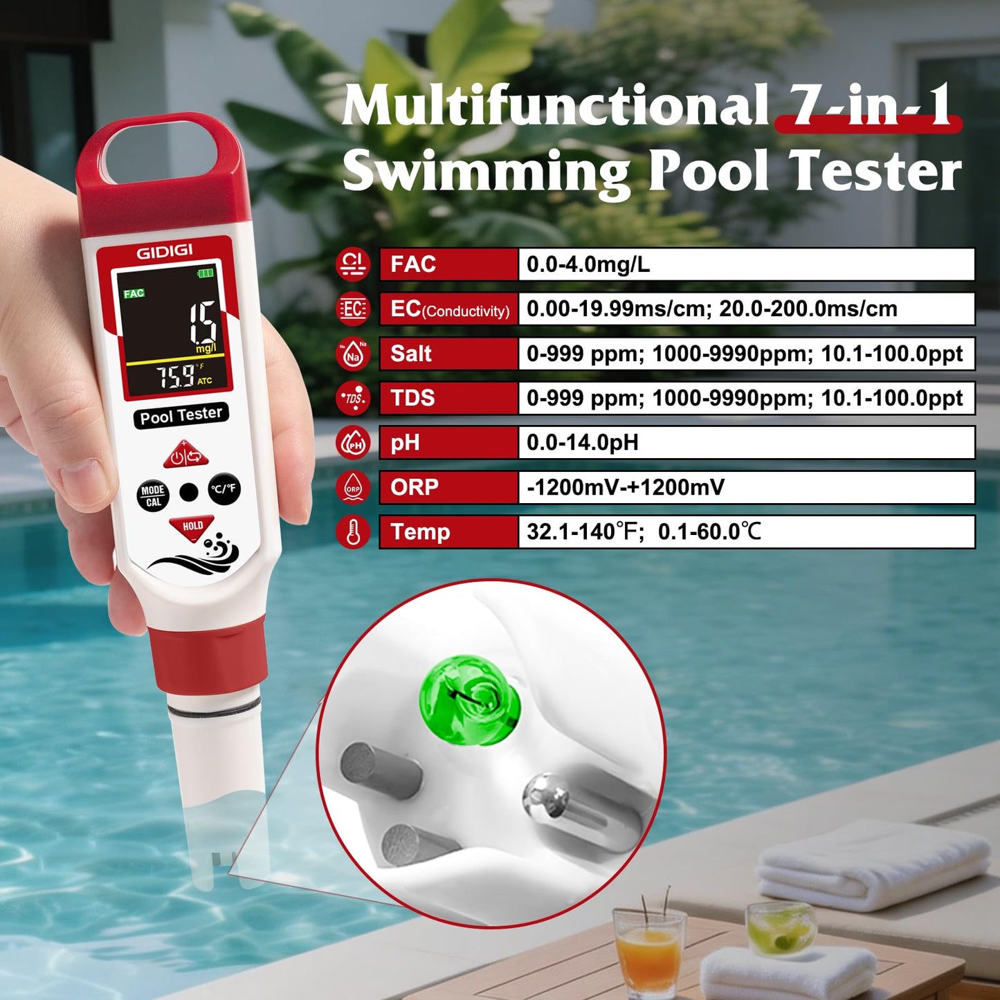 GIDIGI Digital Chlorine Tester Pool Salinity Meter, 7-in-1 pH Meter Test FAC pH Salt ORP TDS EC,Hot Tub Chlorine Meter with Backlit Display Screen for Drinking Water Quality Chlorine Level,Pool Tester