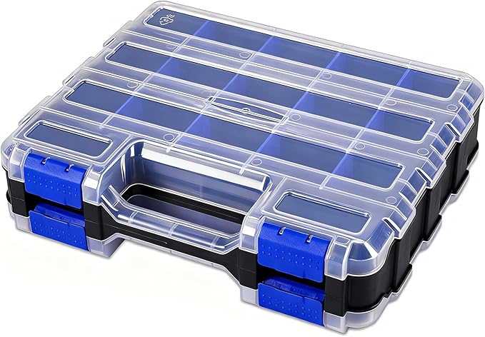 Small Parts Storage Case Tools Box Organizer Double Side 34 Compartments Hardware Organizers with Removable Plastic Dividers for Screws Nuts Nails Bolts
