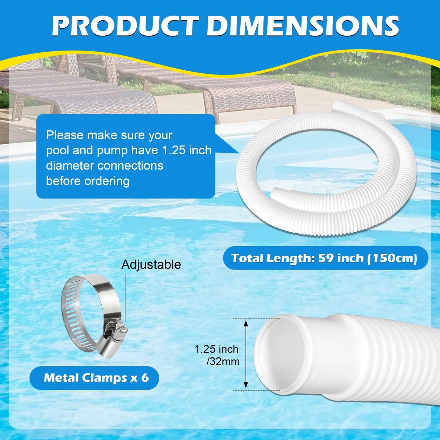 4 Pcs 1.25" Pool Hose, 59" Long Accessory Pool Pump Replacement Hoses, Compatible with All Above Ground Pool Filter Pumps that Use 1 1/4 Diameter Hoses