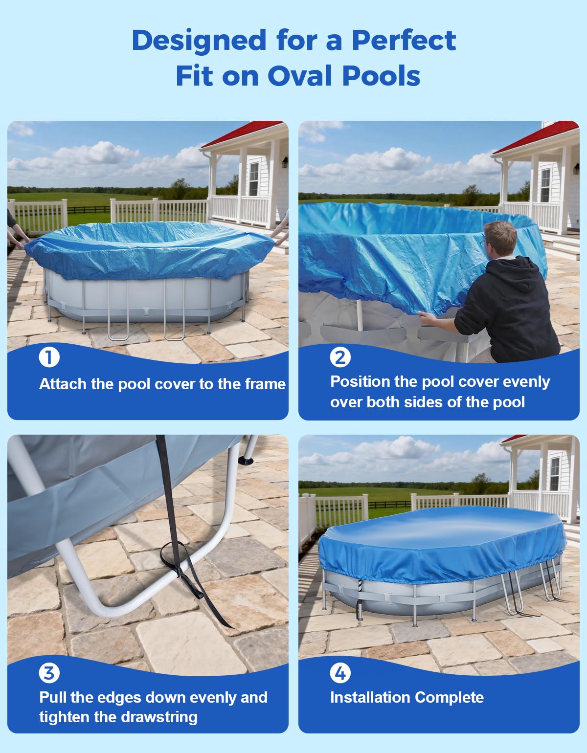 Feelife 16’ x 10’ Oval Pool Cover for Above Ground Pools, Built-in Elastic & 6 Integrated Cords, Easy 20s Setup, Above Ground Swimming Pool Cover Fits 16’ x10’ & 14’x8.2’ Pools