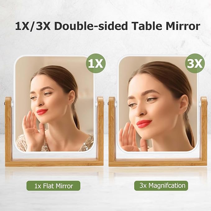 LFOYOU Vanity Makeup Mirror with Natural Bamboo Stand, Double Sided 360 Degree Swivel Magnifying Mirror, Tabletop Magnified Make up Mirror for Bathroom or Bedroom 8 Inch