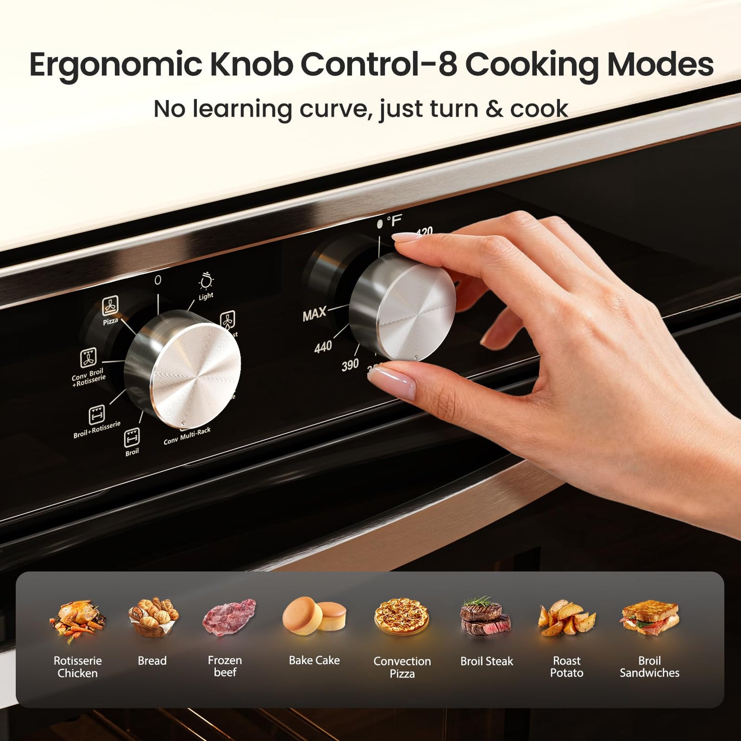 VIKIO HOME Single Wall Oven 24", 2.83 Cu.Ft-80L with 8 Functions Built-in Electric Ovens, 240V, 3220W Fast Preheat, Mechanical Knob Control for Easy Cooking
