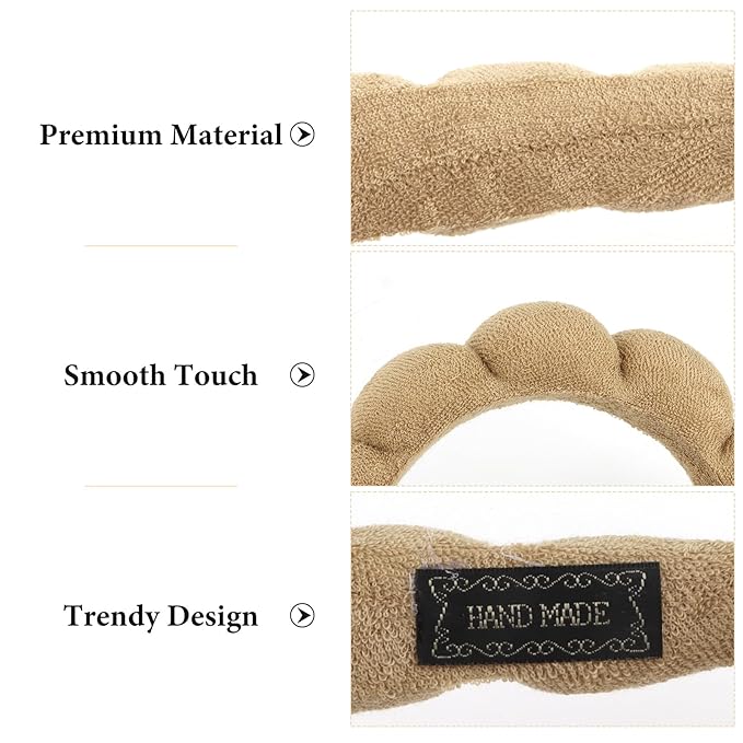 AMCAMI Puffy Spa Headband for Women Sponge Headbands for Girls 2 PCS Terry Towel Cloth Fabric Head Band for Skincare,Makeup Removal,Face Washing,Facial Mask,Shower,Hair Accessories（Black&Light Coffee）
