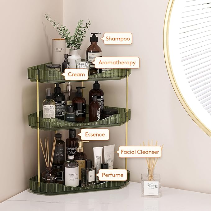 Lifewit 3-Tier Corner Bathroom Counter Organizer, Plastic Makeup Skincare Organizers Storage Countertop, Large Sink Cosmetic Perfume Shelf for Bedroom, Dresser, Kitchen, Vanity, Green, 39 cm/15inch(H)