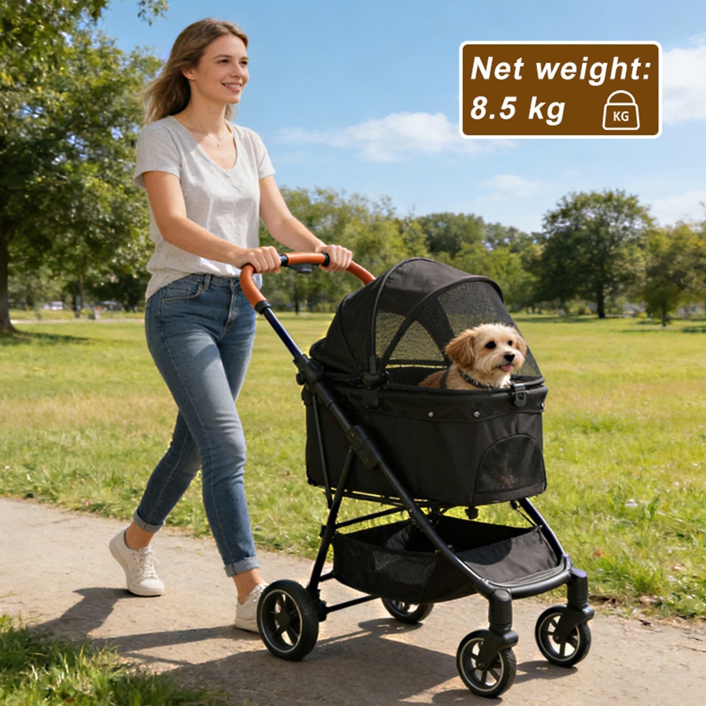 Pet Stroller for Small Dogs and Cats, Detachable Dog Cat Stroller with All-Terrain Shock Absorbing Wheels, One-Click Foldable Design, Adjustable Canopy (Green)